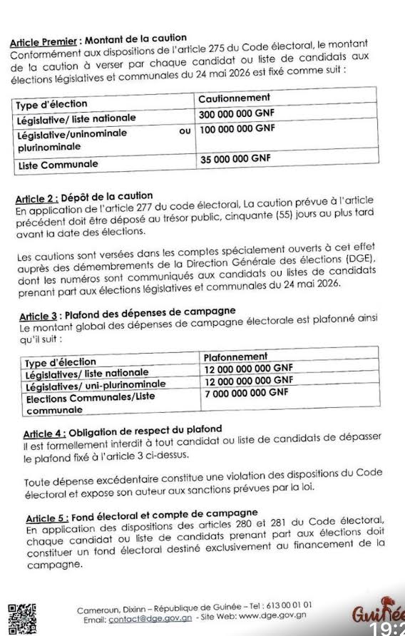 Élections législatives et communales : la DGE fixe les cautions